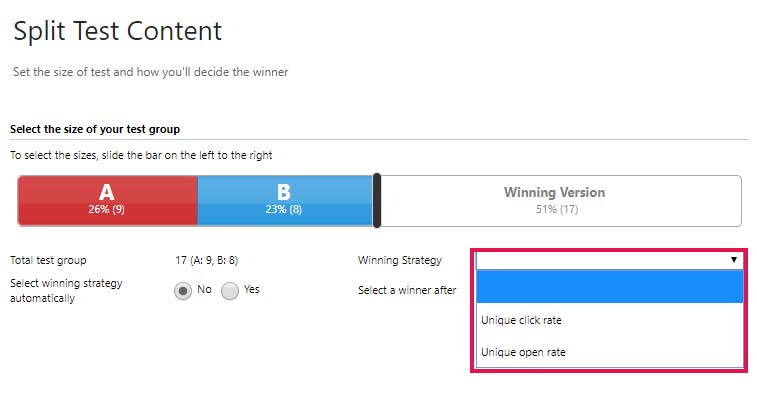 Net IT CRM Blog: ClickDimensions AB testing - Screenshot split test more winning group recipients