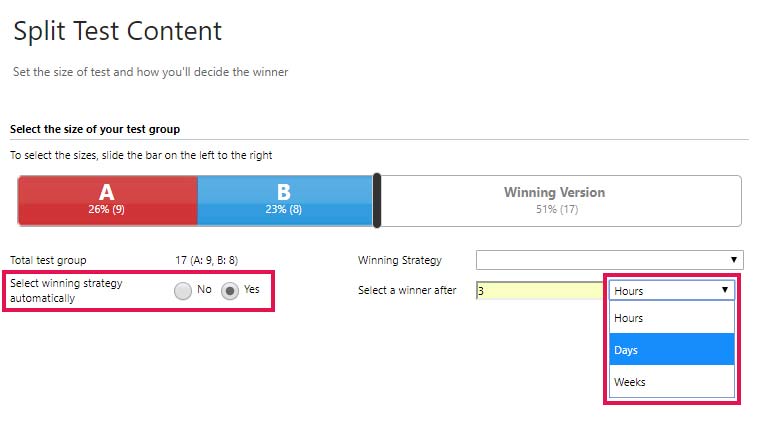 Net IT CRM Blog: ClickDimensions AB-testing - Screenshot split test send time settings