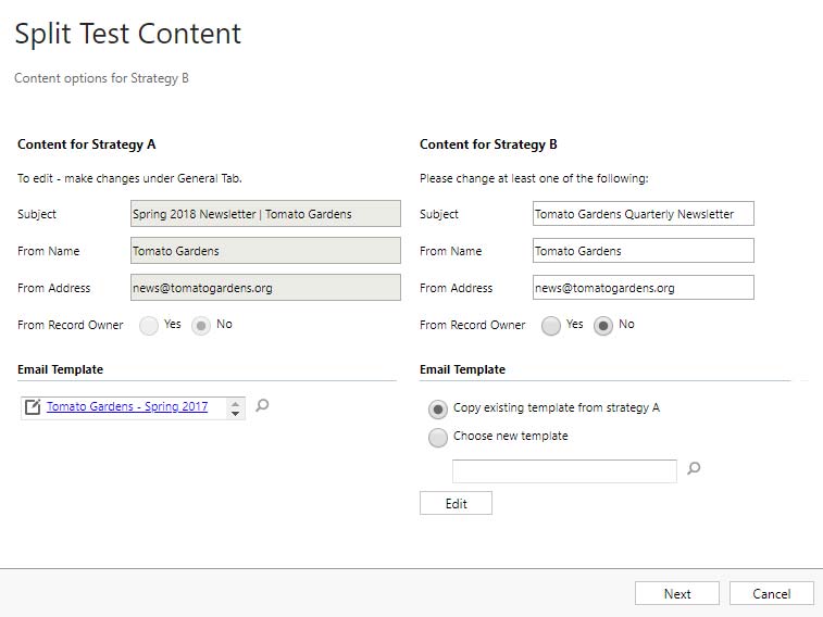 Net IT CRM Blog: ClickDimensions AB testing - Screenshot split test settings