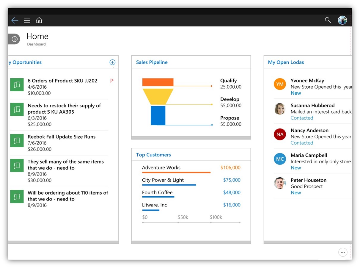 Screenshot van mobiele app van Microsoft Dynamics 365