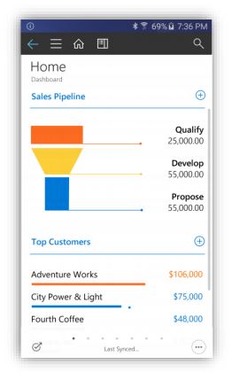 Screenshot vernieuwde interface van mobiele app van Microsoft Dynamics 365