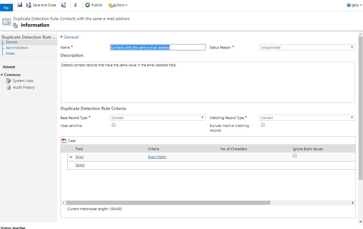 Net IT CRM Blog: Duplicatendetectie van Dynamics 365 - Bestaande regel inschakelen - stap 4 screenshot Rule Contacts same email address