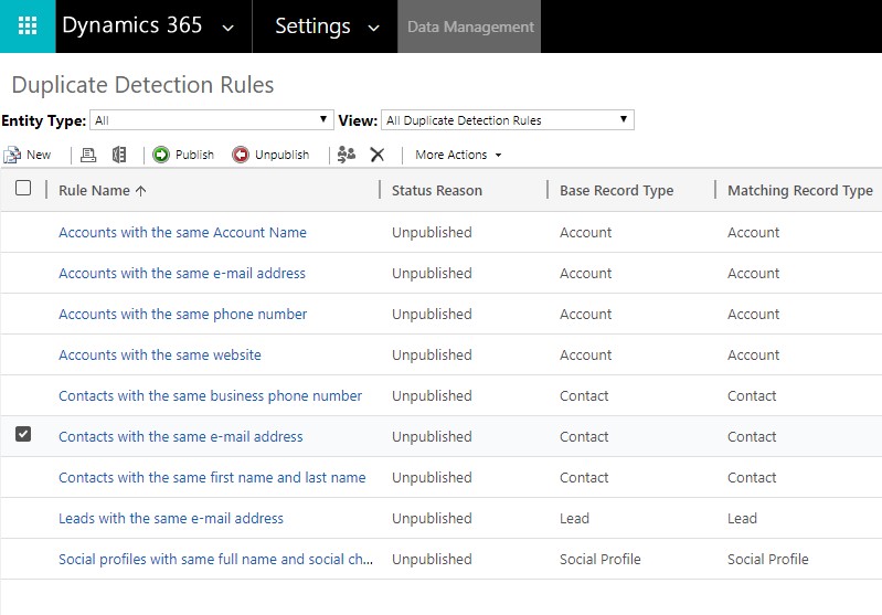 Net IT CRM Blog: Duplicatendetectie van Dynamics 365 - Bestaande regel inschakelen - stap 4 screenshot Select Contacts same email address