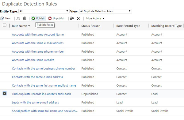 Net IT CRM Blog: Duplicatendetectie van Dynamics 365 - Nieuwe regel inschakelen - stap 11 screenshot Select New Duplicate Detection Rule
