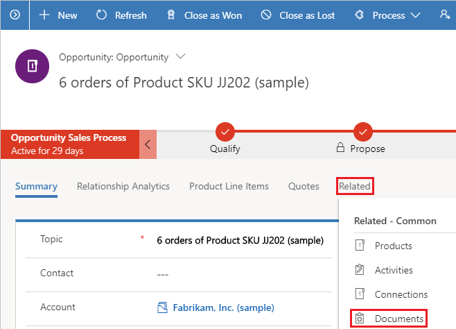 Screenshot Dynamics 365 open documents tab in form