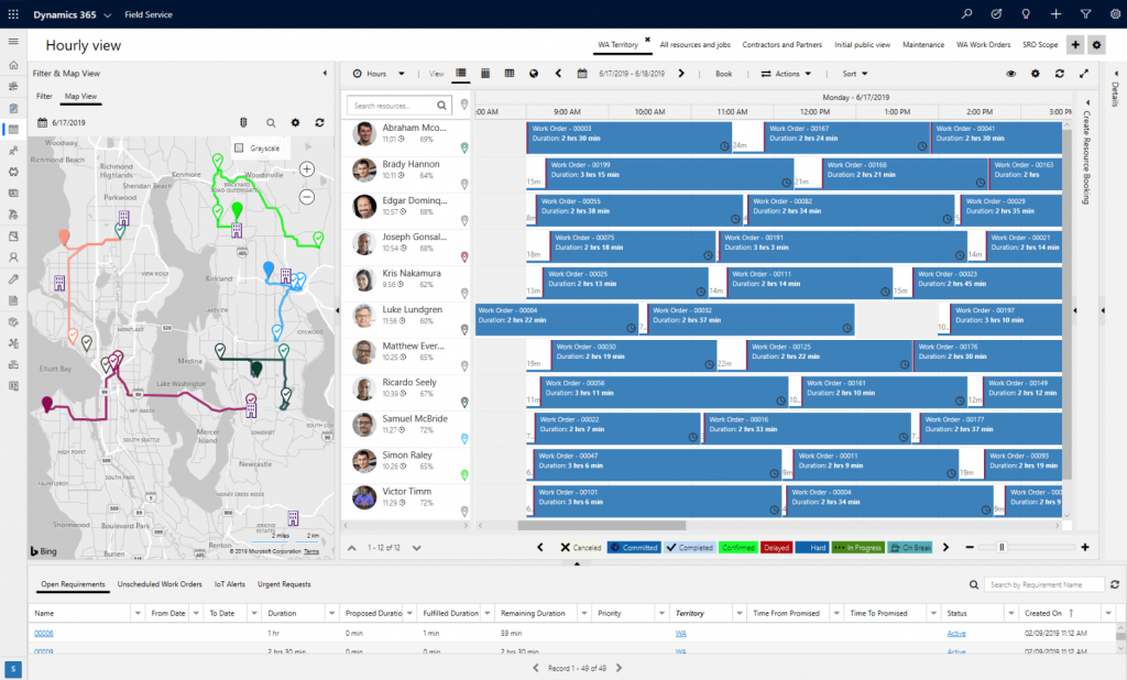 Dynamics 365 Field Service Screenshot Planningsbord