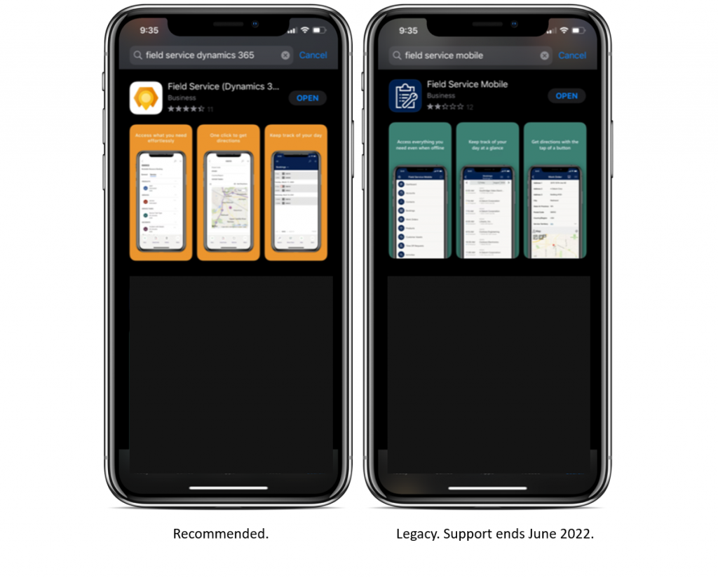 Dynamics 365 Field Service mobile 2020 app store compare